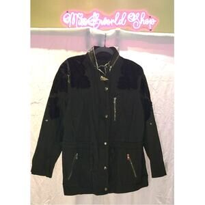 Denim 24/7 Army Green Military Jacket with Lace Patches Zip Up Size 20W